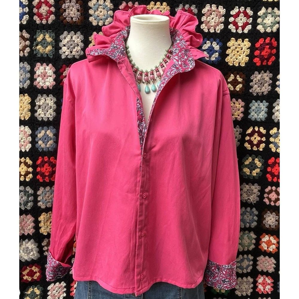 Colorful Upcycled Cielo Cherry Pink w/ Paisley Trim Ruffle High Collar Shirt L
